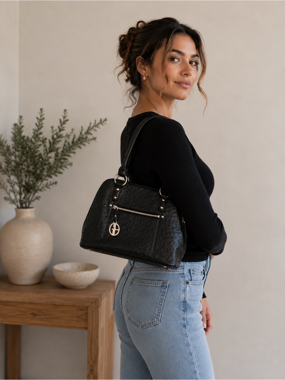 Giani Bernini Black Faux Ostrich Shoulder Bag